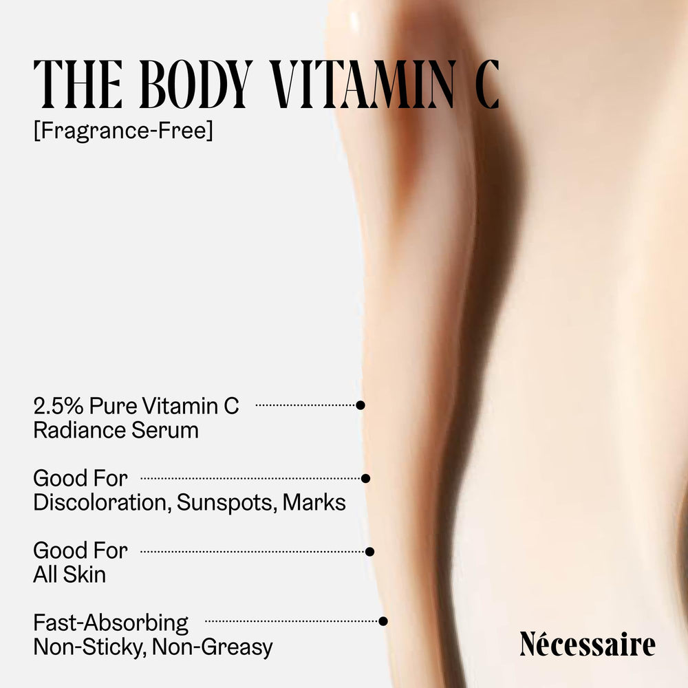 Nécessaire Sérum Corporal de Vitamina C, textura ligera para piel suave.