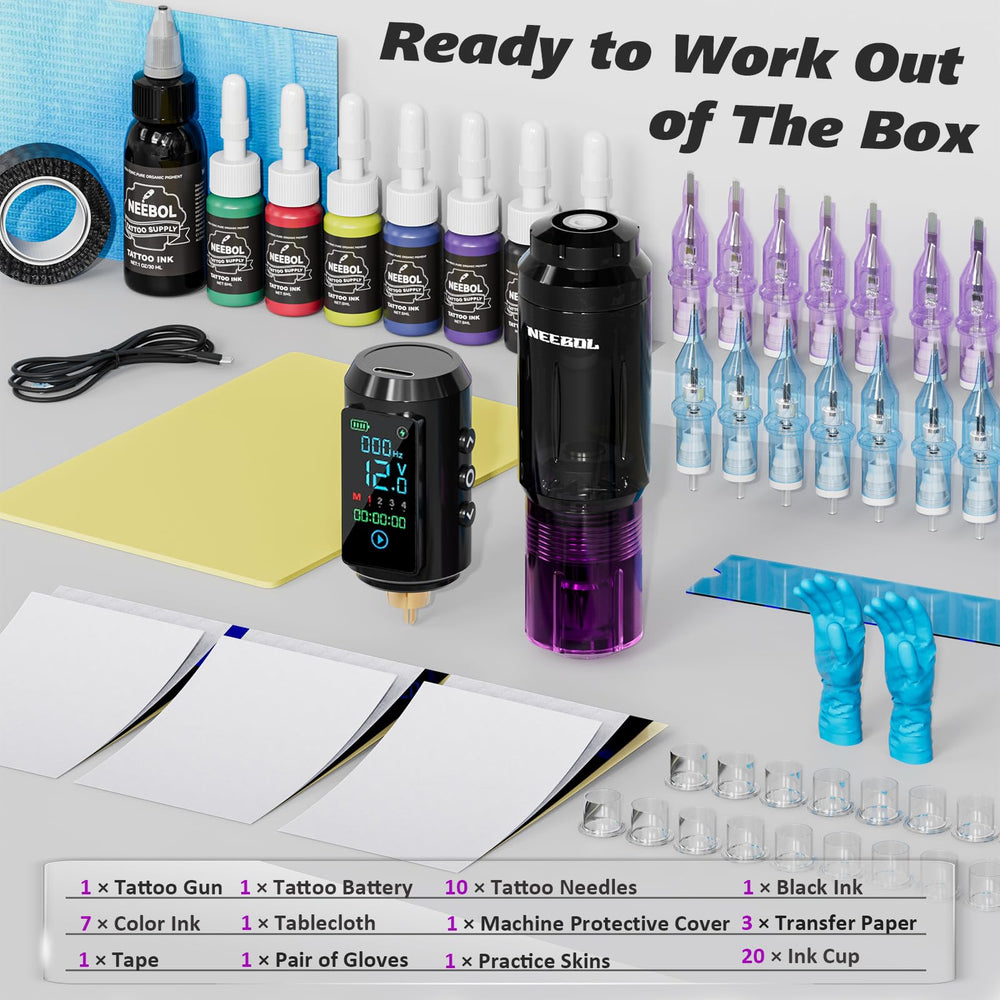 Tinta negra de Neebol 30ml y piel de práctica para pruebas realistas.