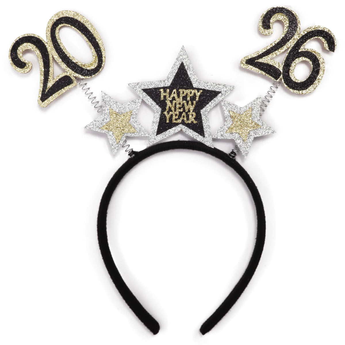 Needzo diadema año nuevo con brillo dorado y plata, ideal para celebraciones brillantes.