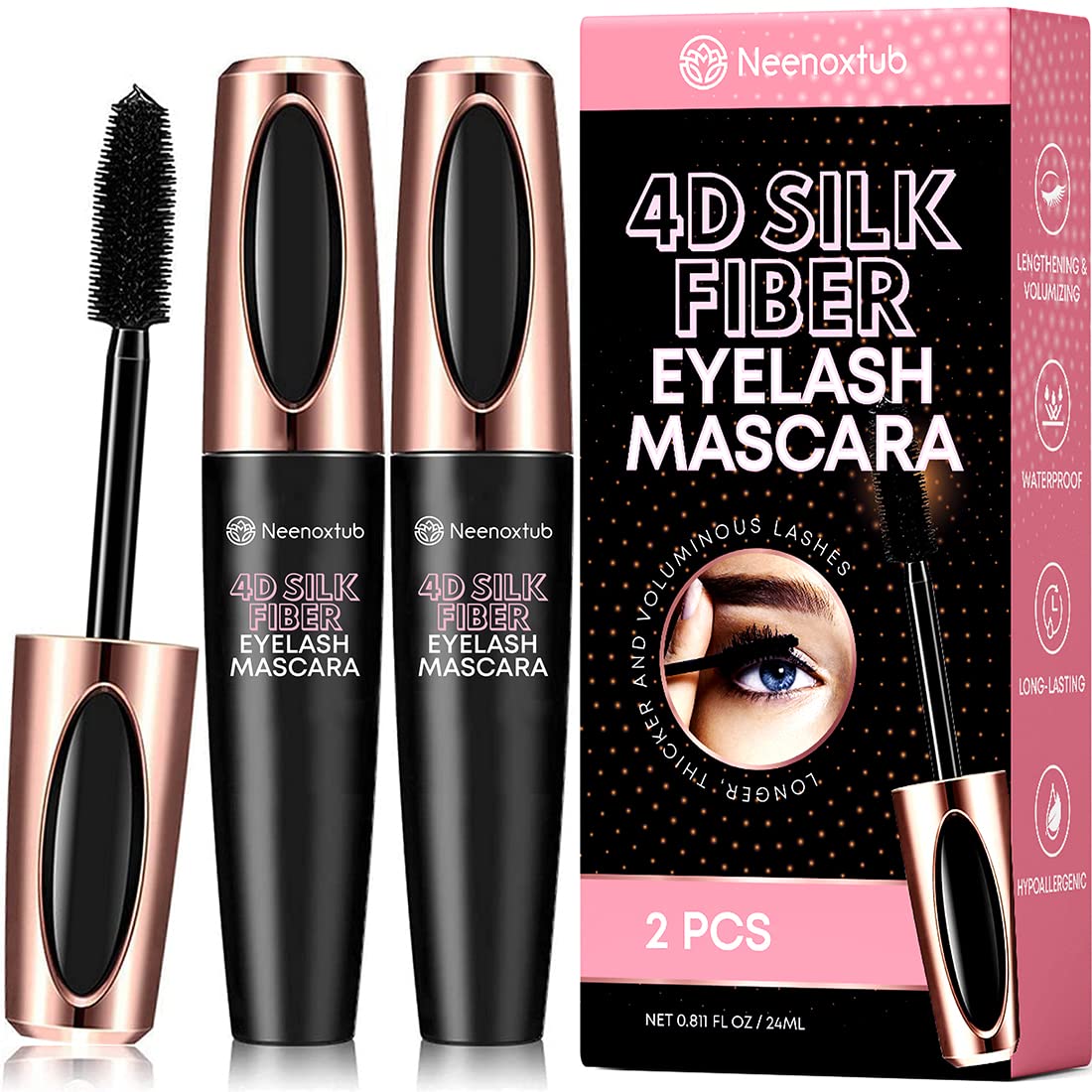 Neenoxtub Mascara 4D Fibra Seda en primer plano para pestañas más largas.