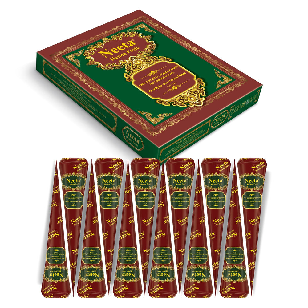 Conos de henna Neeta 12 pack listos para usar, color natural y duradero.
