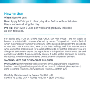 NeoCell Retinol Serum, aceite de baobab para piel más luminosa.