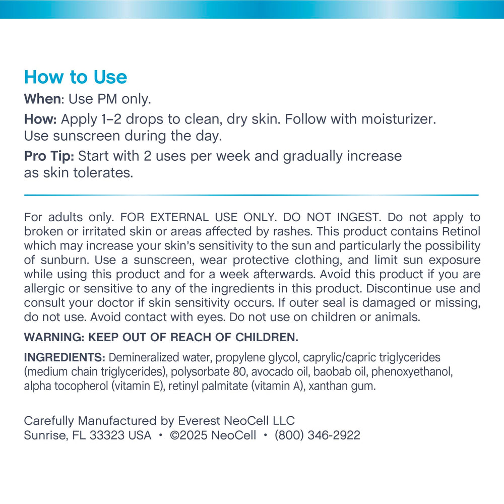 NeoCell Retinol Serum, aceite de baobab para piel más luminosa.