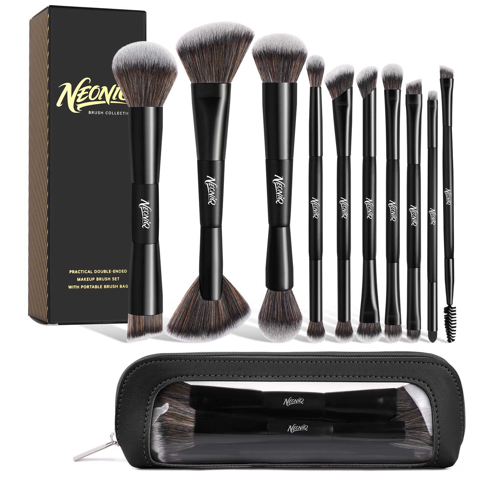 NEONIQ set de pinceles dobles para fundación y corrector, acabado suave y uniforme.