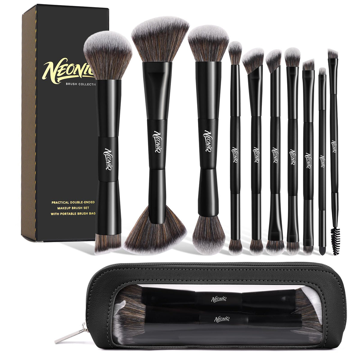 NEONIQ set de pinceles dobles para fundación y corrector, acabado suave y uniforme.