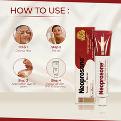Neoprosone crema para manchas en codos, uso diario suave.