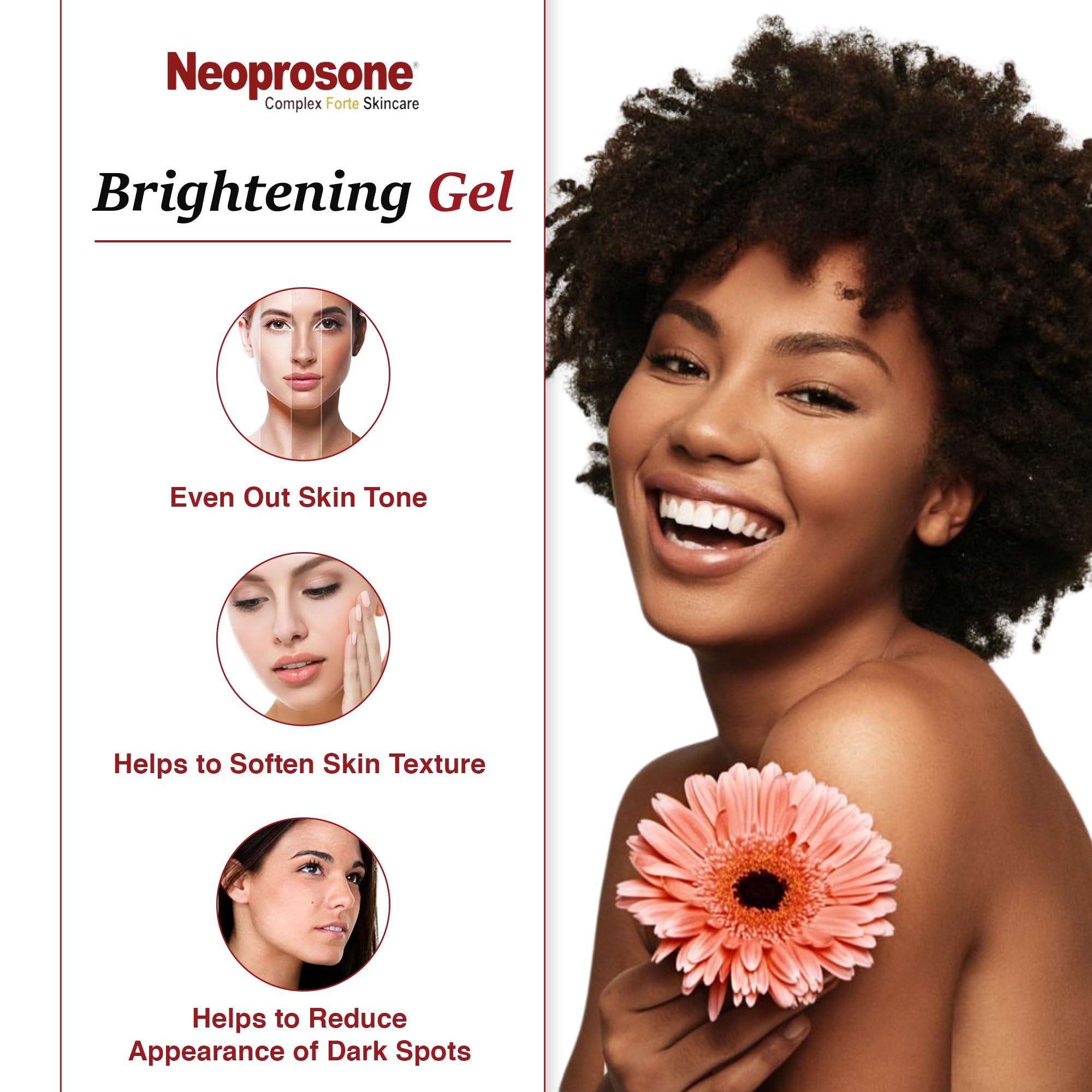 Neoprosone Gel Aplicación Rostro: soporte para tono uniforme y cuidado diario.