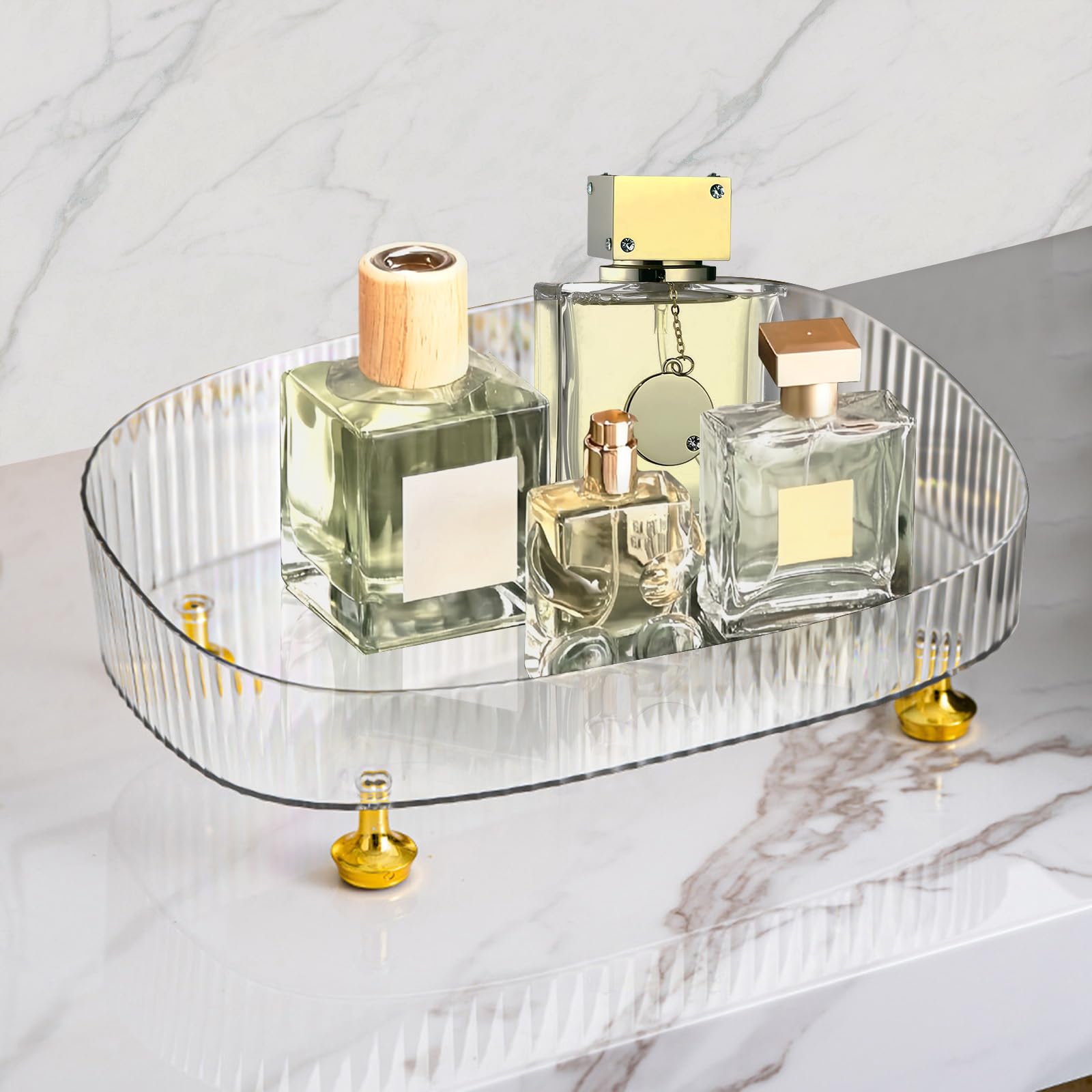 Neotidy organizador de perfumes: bandeja transparente con pies dorados para fragancias.