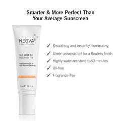 NEOVA Silc Sheer 2.0: protección UVA/UVB de amplio espectro y resistencia al agua.