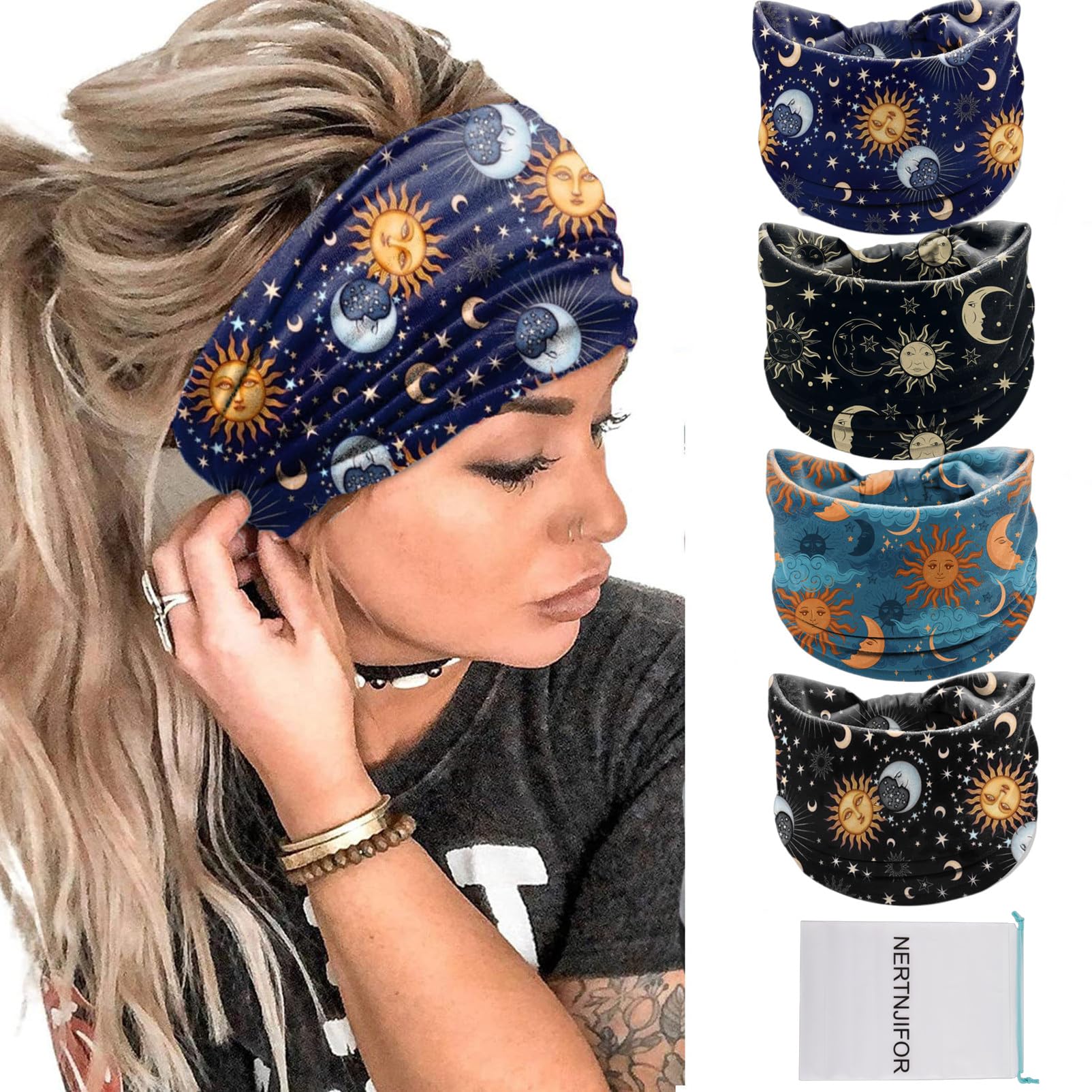 Diadema Nertnjifor con estrellas y luna, diseño amplio y cómodo para frente y pelo.