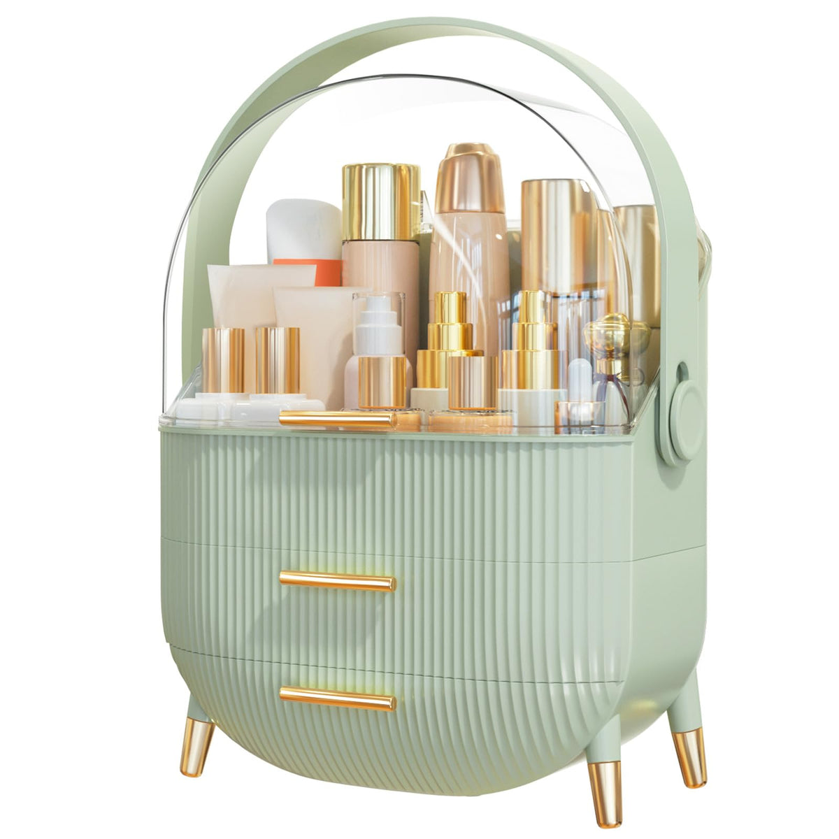 NestOrganix: organizador de maquillaje con tapa transparente y mango dorado para exhibir productos.