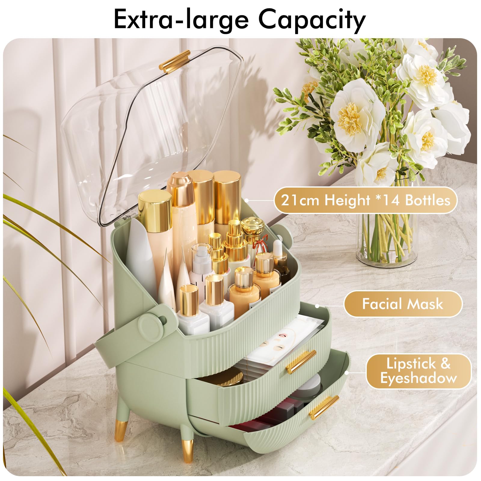 NestOrganix: organizador portátil con mango dorado para dormitorio o baño, fácil de transportar.
