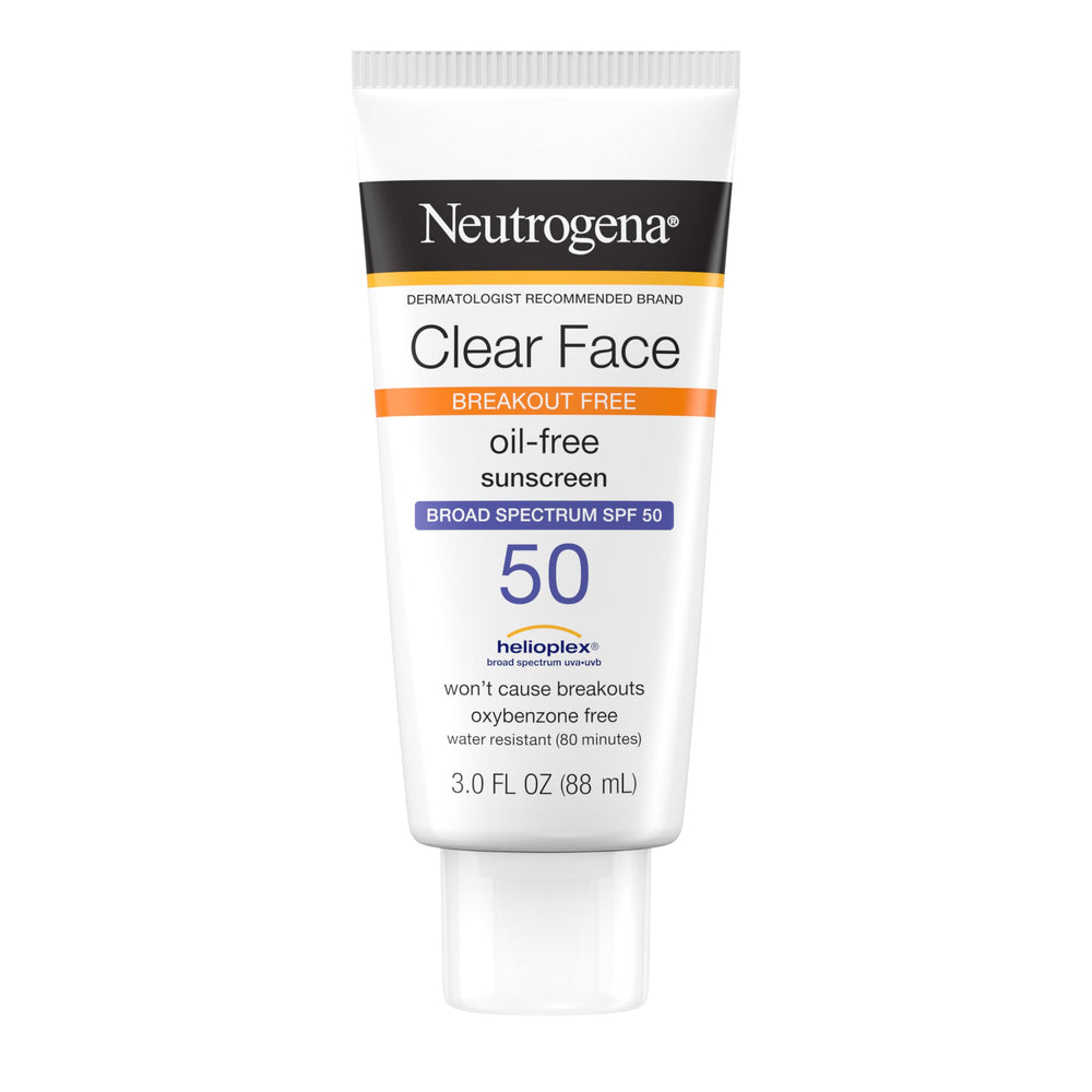 Neutrogena Clear Face Sunscreen, envase compacto para uso diario con protección SPF 50.