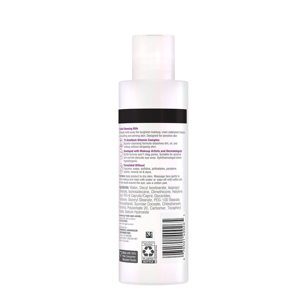 Neutrogena Makeup Melting Micellar Milk, sin jabón y sin sulfatos para limpieza suave.