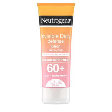 Neutrogena Invisible Daily Defense sunscreen lotion on skin; clear finish for all tones, with sun protection