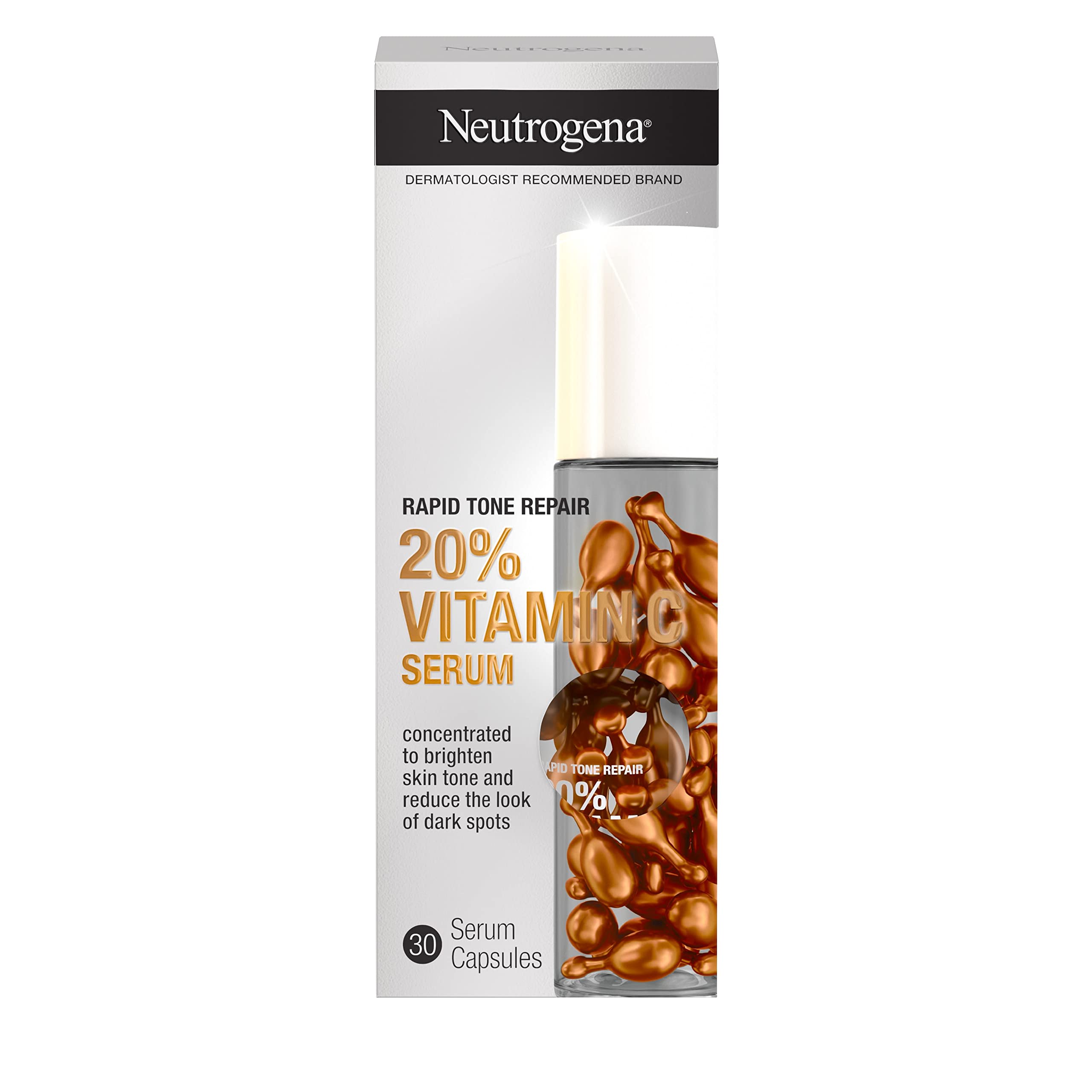 Neutrogena Rapid Tone Repair cápsulas y botella, enfoque frontal, iluminan la piel