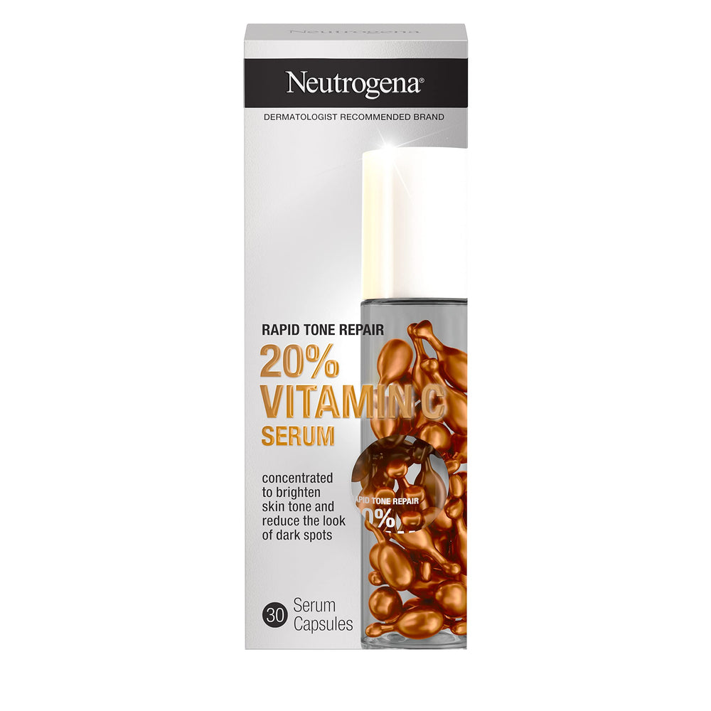 Neutrogena Rapid Tone Repair cápsulas y botella, enfoque frontal, iluminan la piel