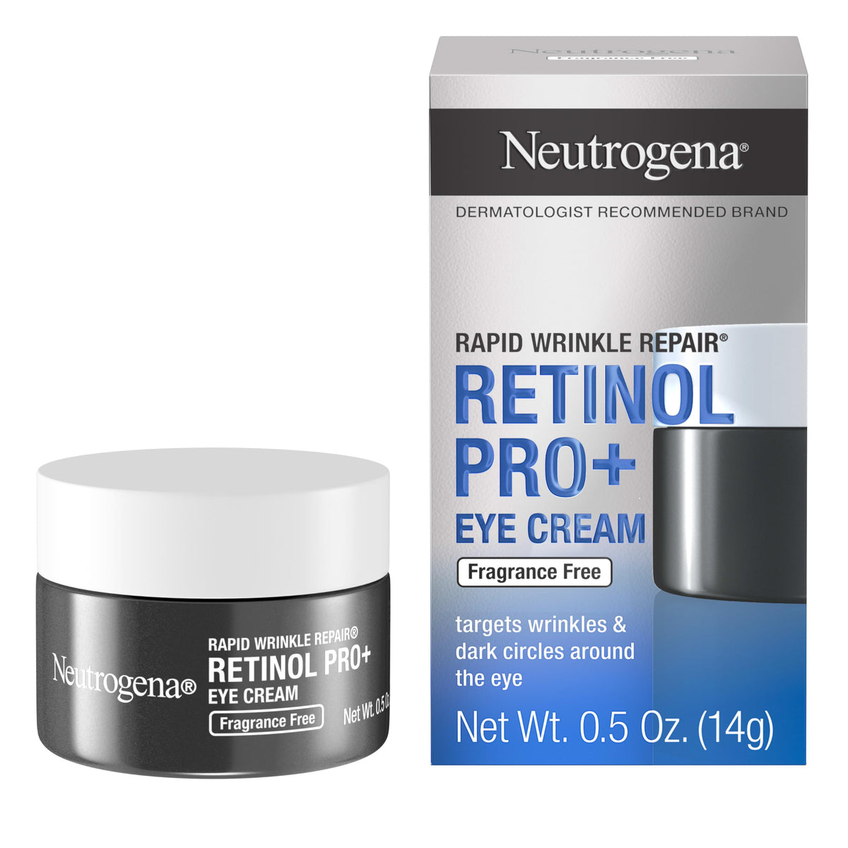 Neutrogena Rapid Wrinkle Repair Pro+ Eye Cream, envase de 0,5 oz para uso nocturno.