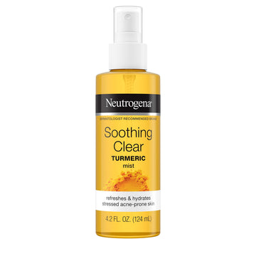 Neutrogena Soothing Clear Turmeric Mist bottle on a bathroom shelf for daily hydration.