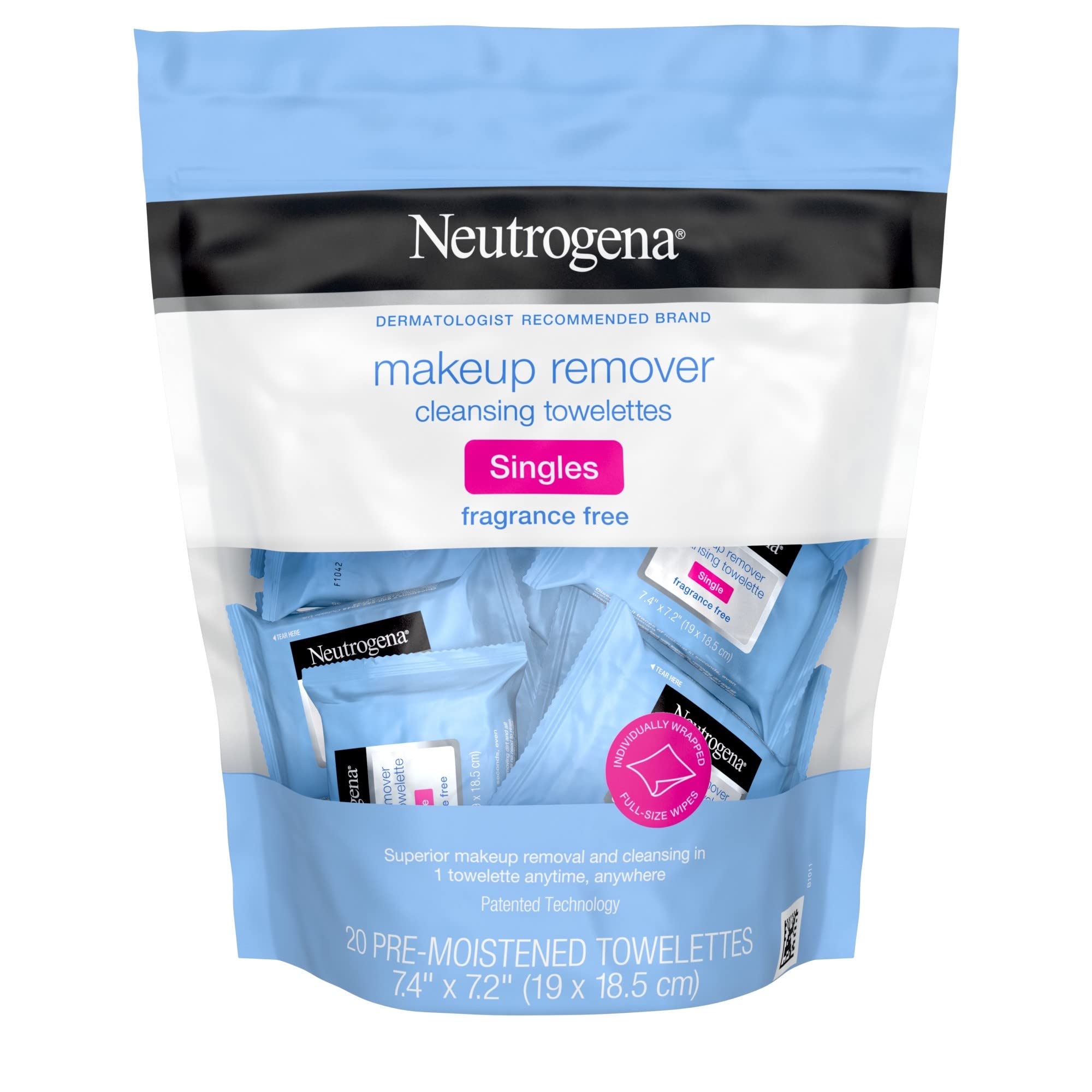 Neutrogena toallitas desmaquillantes sin fragancia para uso individual, limpieza suave.