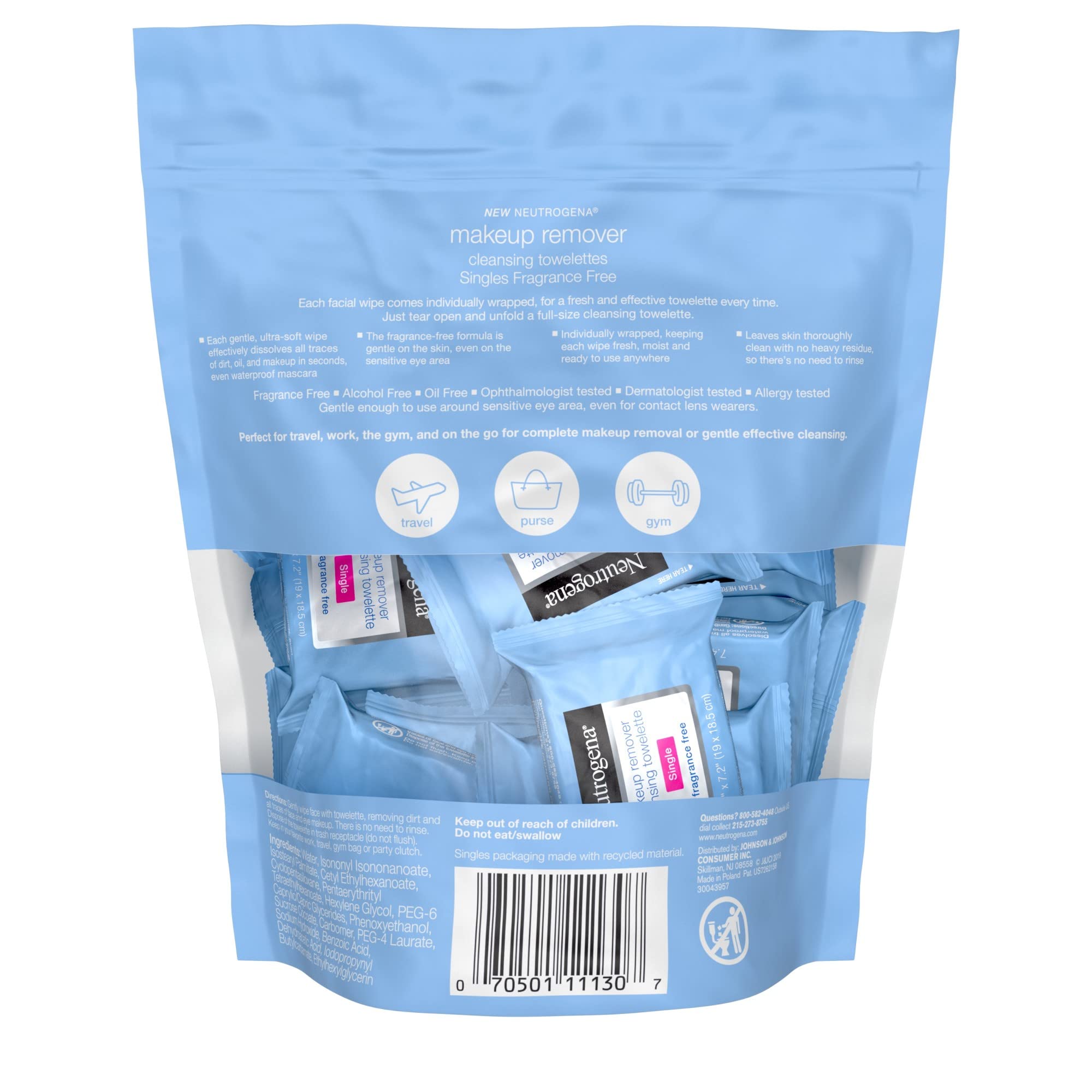 Neutrogena toallitas desmaquillantes sin fragancia, práctico paquete de 20 para viaje.