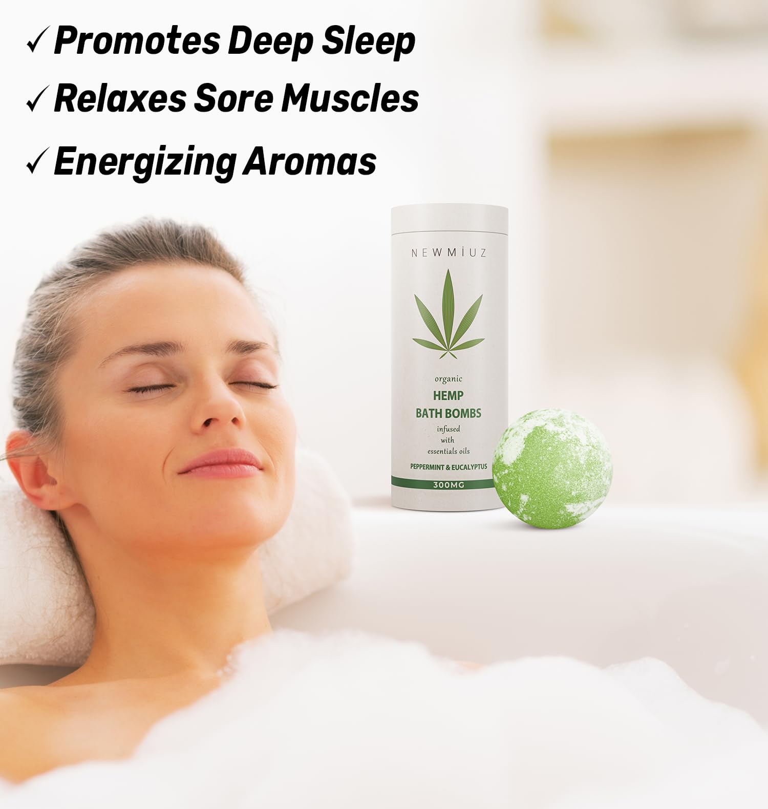 New Miuz bomba de baño cáñamo-shea-epsom para hidratación y confort muscular.