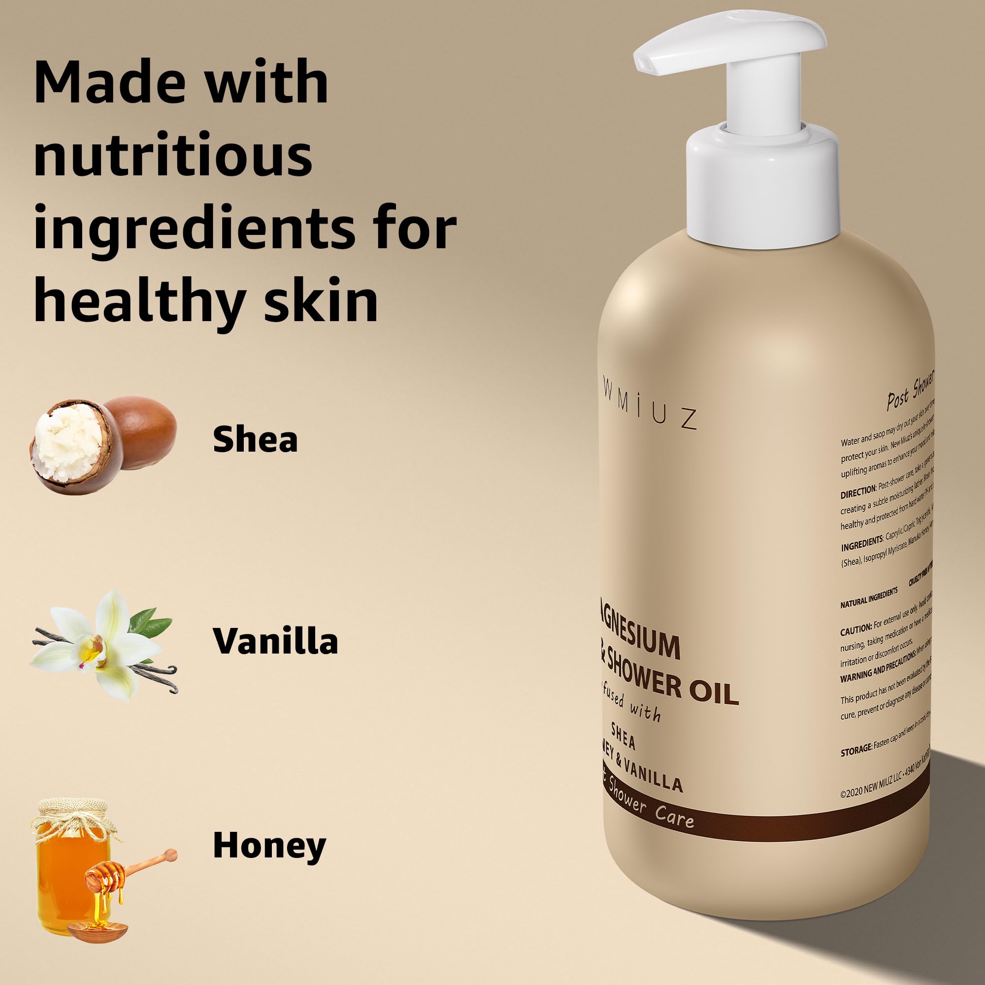 New Miuz Magnesium InShower muestra aceite corporal ligero para uso diario tras la ducha.