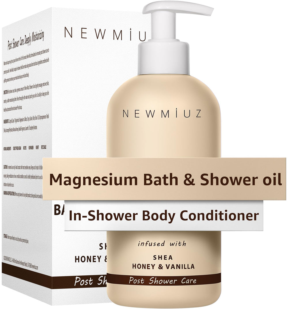 New Miuz Magnesium InShower muestra la botella elegante para hidratación suave tras la ducha.
