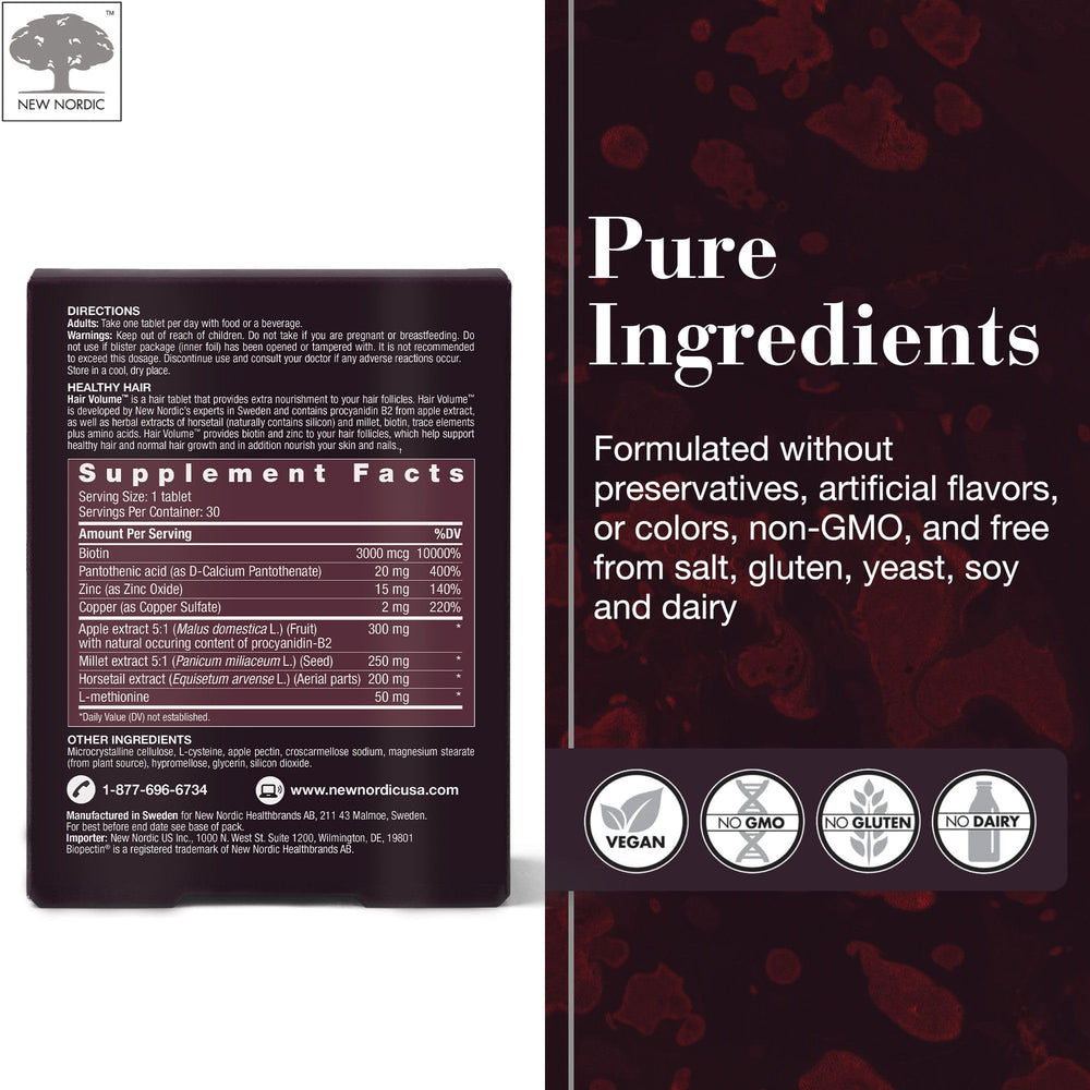 New Nordic Hair Volume Tablets Biotin 3000 mcg information on label.