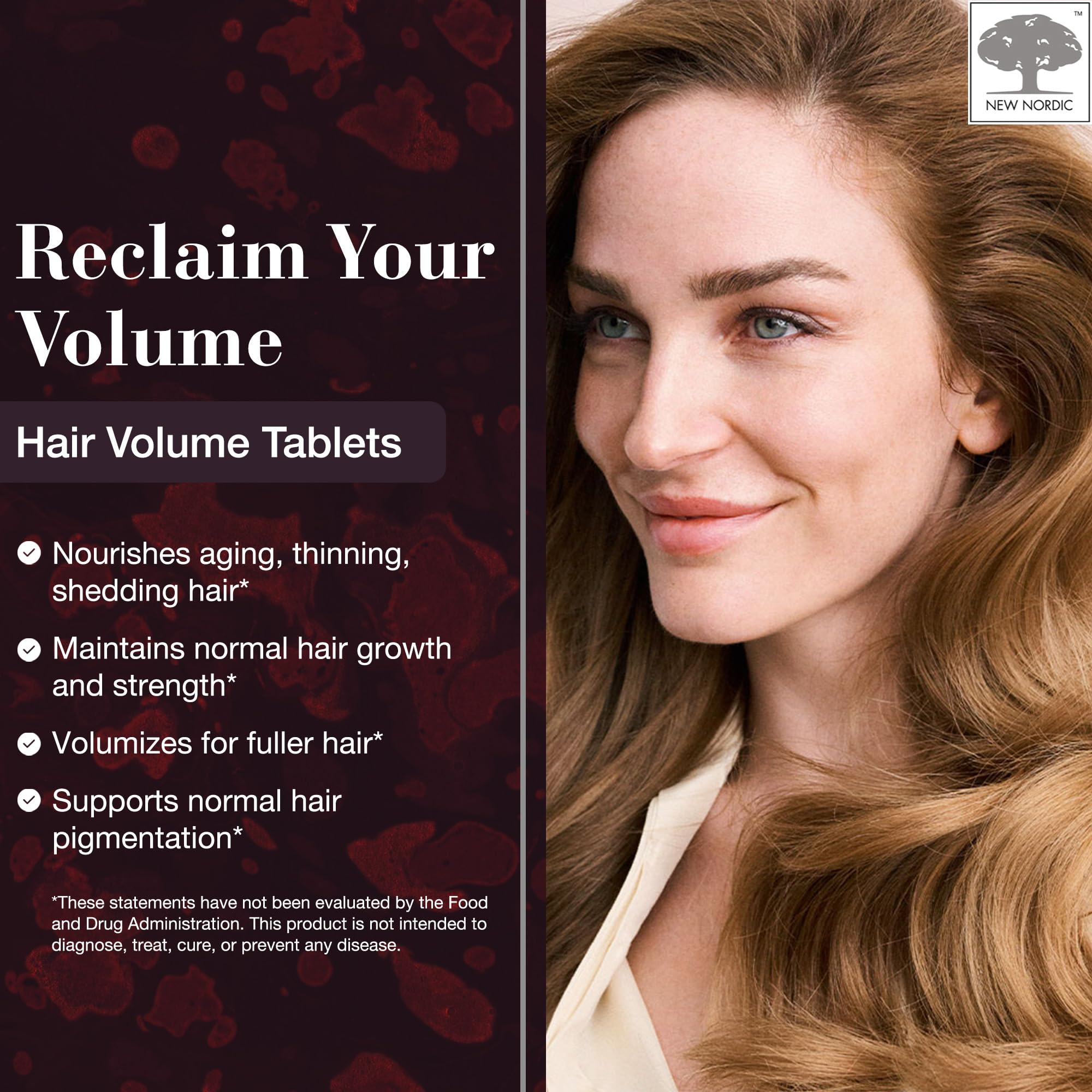 NEW NORDIC tabletas volumen cabello: envase frontal muestra el diseño escandinavo