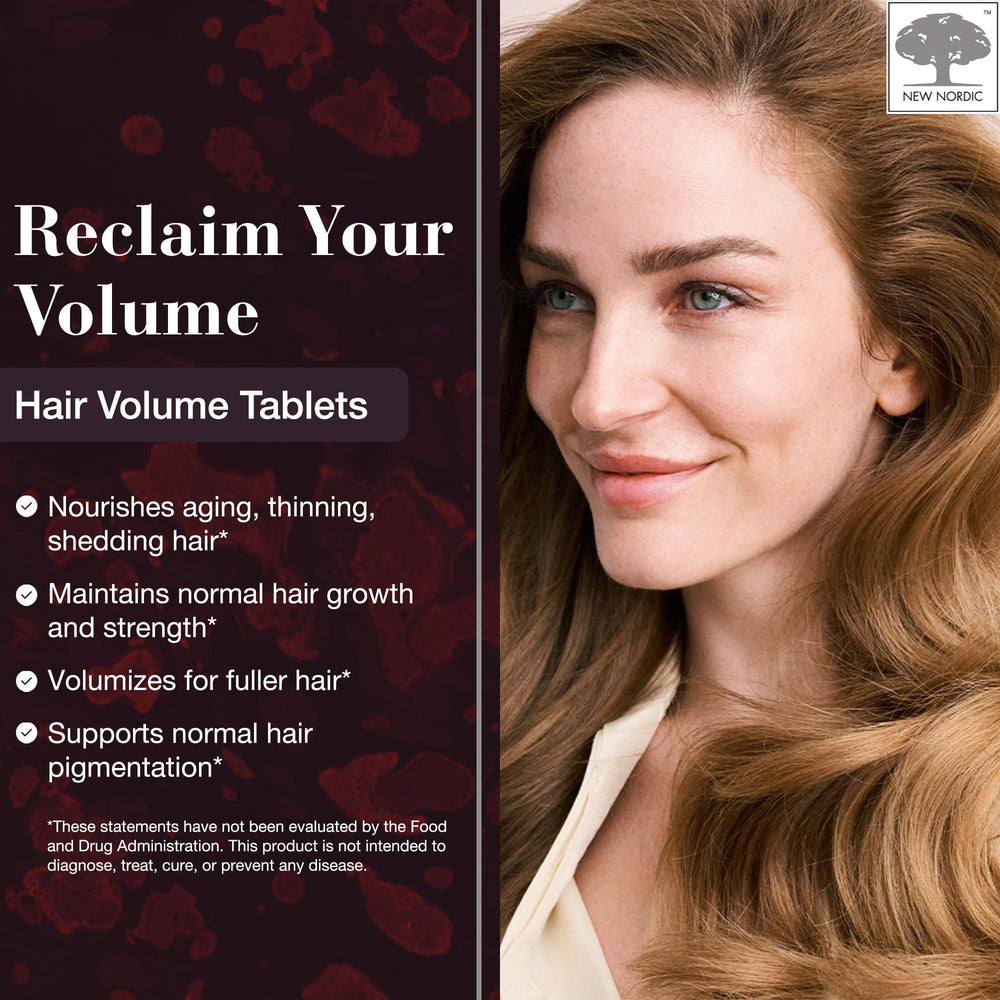 NEW NORDIC tabletas volumen cabello: envase frontal muestra el diseño escandinavo