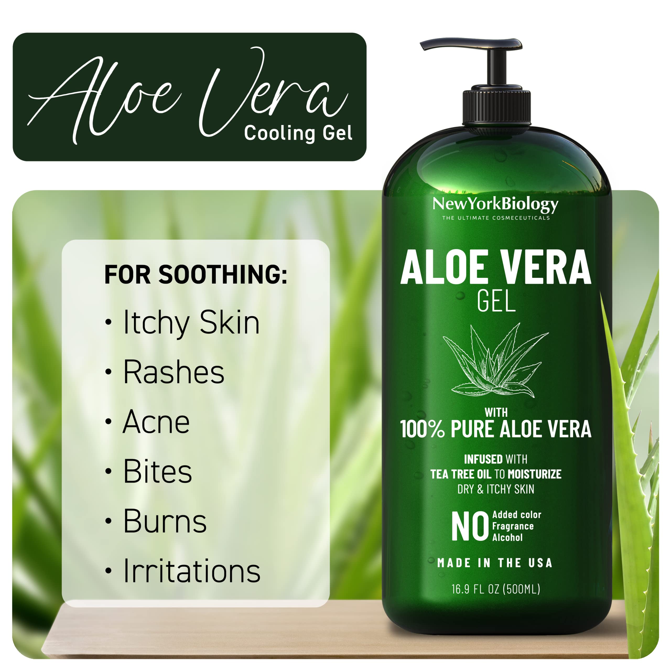 New York Biology Gel de Aloe Vera con árbol de té, infusión calmante para la piel.