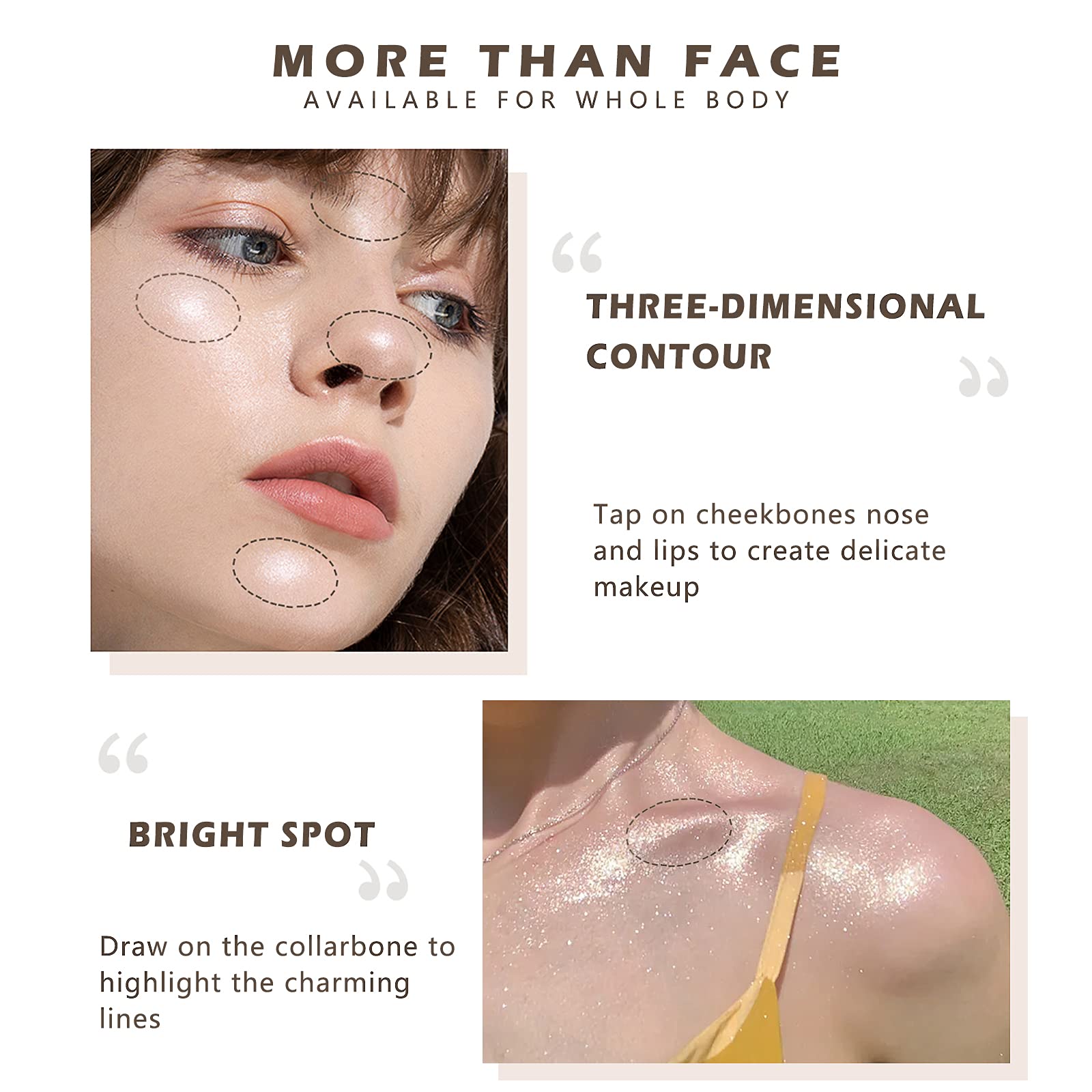 NewBang brillo corporal en áreas clave como cuello y hombros.