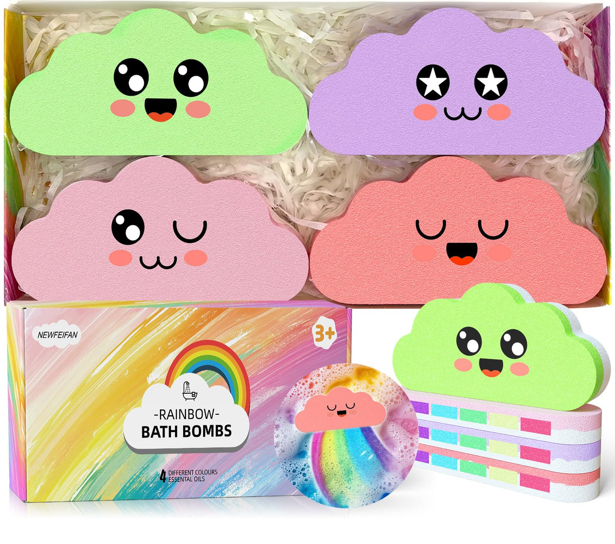 NEWFEIFAN bombas de baño arcoíris para niños, colores sorpresa y burbujeo suave.
