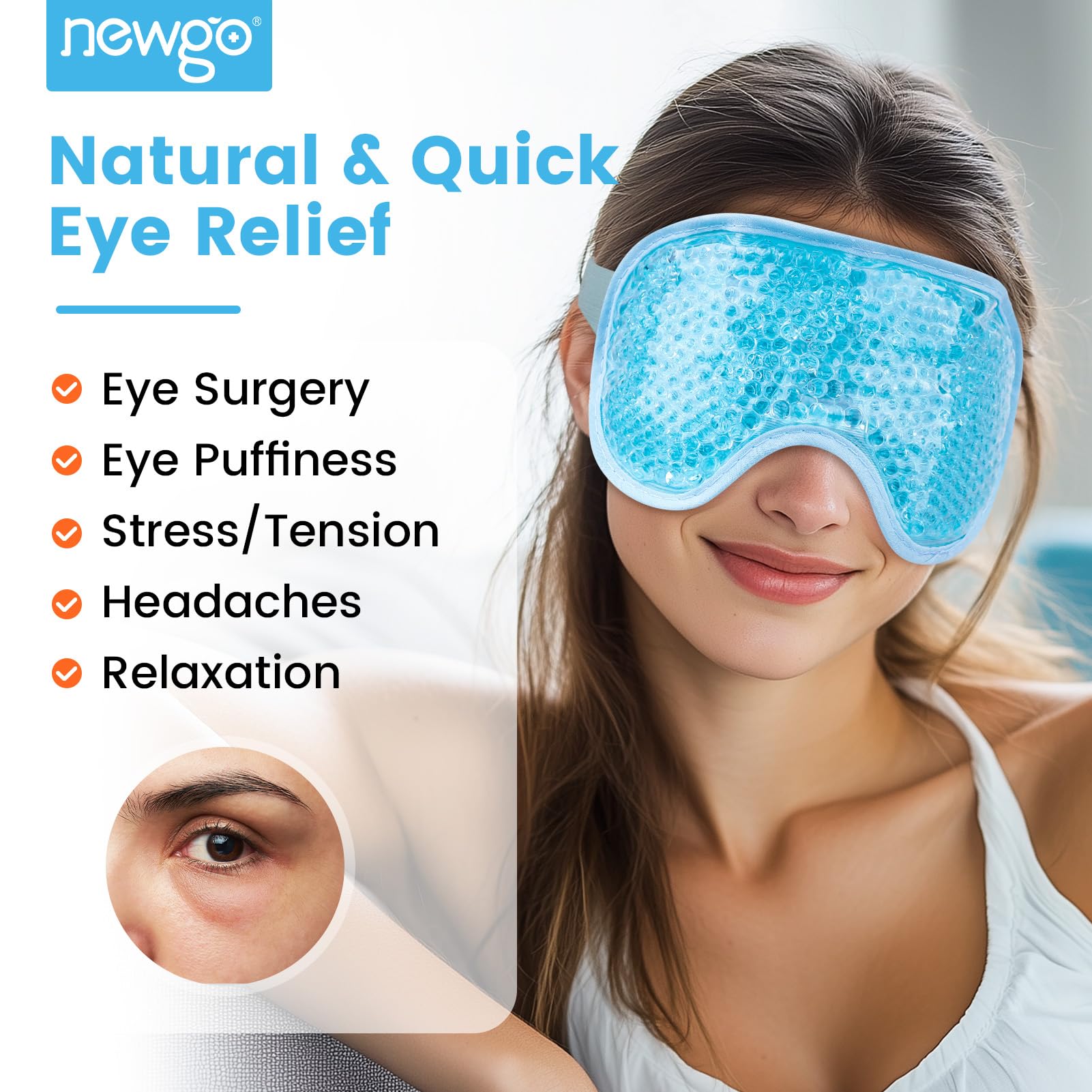 NEWGO mascarilla ocular fría lista para dormir con efecto calmante.