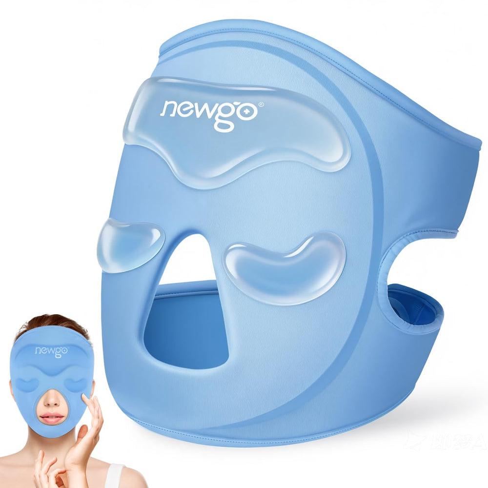 NEWGO mascarilla fría para cara con almohadilla frontal, ayuda a aliviar la tensión facial.