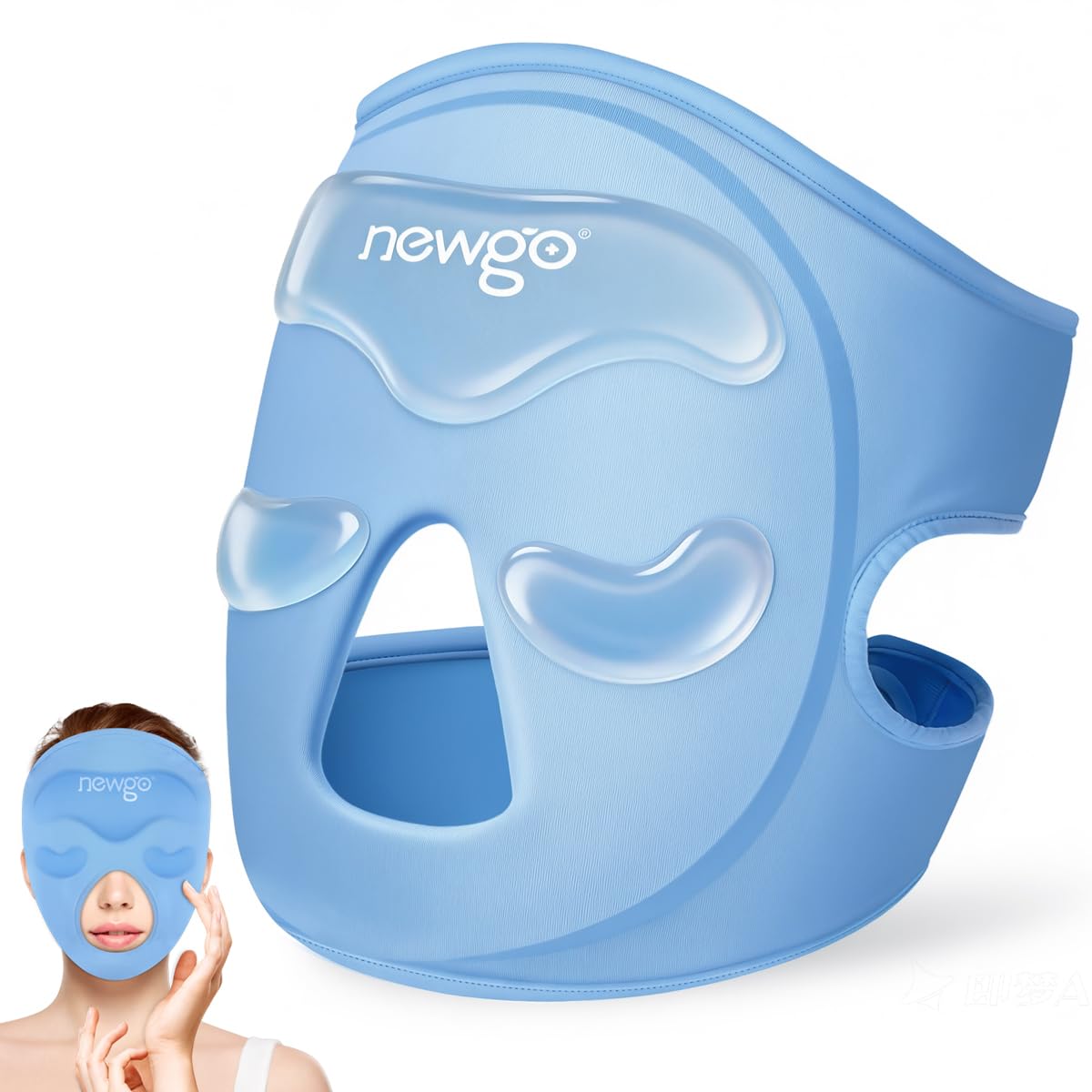 NEWGO mascarilla fría para cara con almohadilla frontal, ayuda a aliviar la tensión facial.