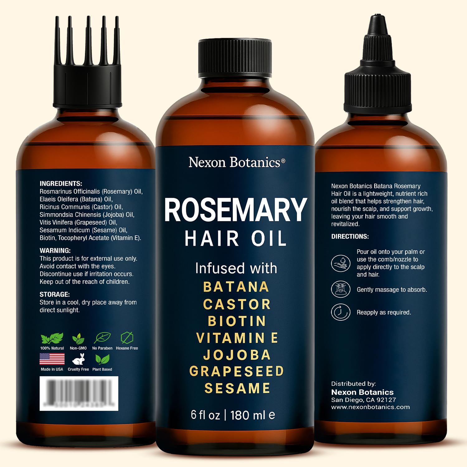 Aceite de Romero de Nexon Botanics, aplicación en la palma para masaje estimulante del cuero cabelludo.