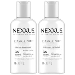 Nexxus Clean & Pure travel shampoo bottle showing compact design for on-the-go cleansing