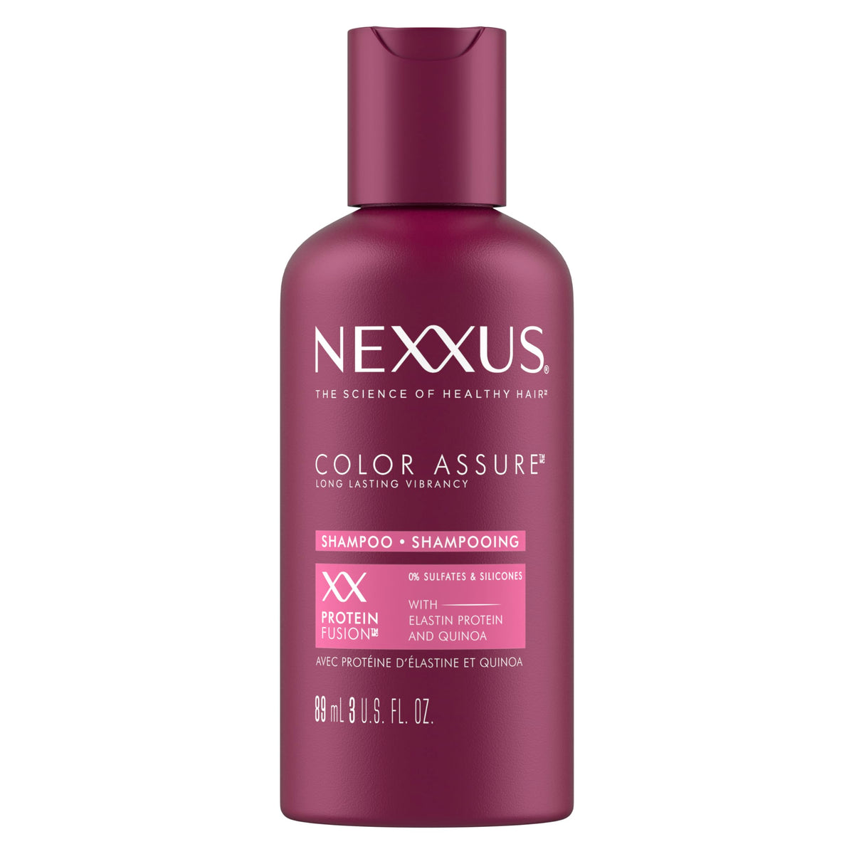 Nexxus Color Assure Shampoo sin sulfatos en botella, protege el color y suaviza el cabello.