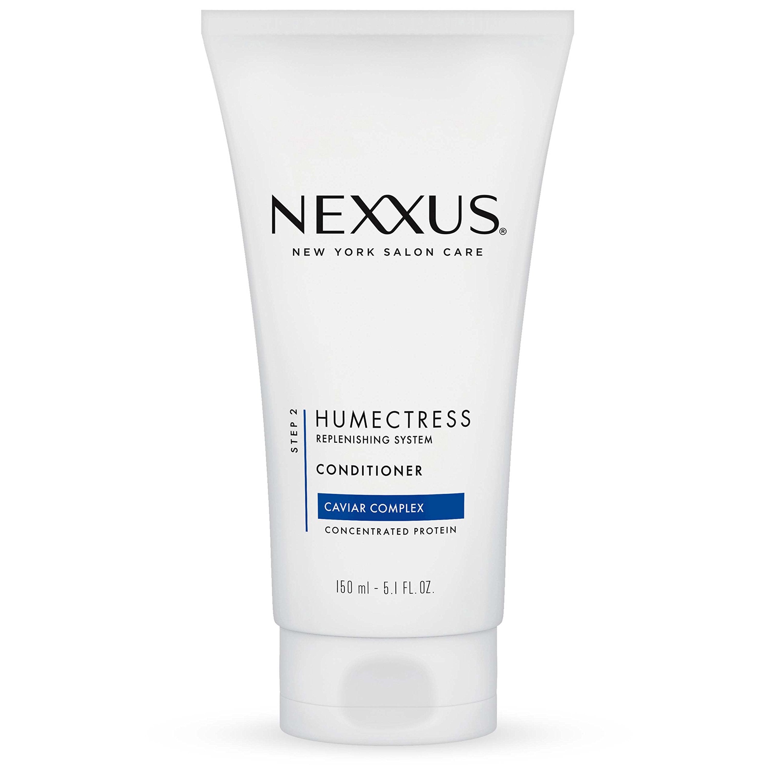 Nexxus Humectress: botella de acondicionador mostrando hidratación profunda para cabello seco.