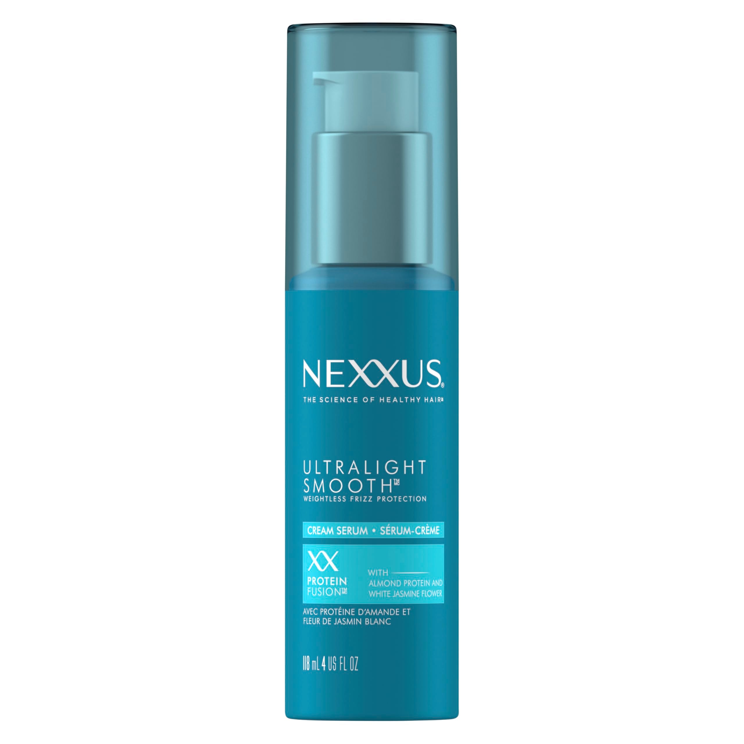 Nexxus Ultralight Smooth Frizz Defy Serum, botella, muestra control del encrespamiento sin pesadez.