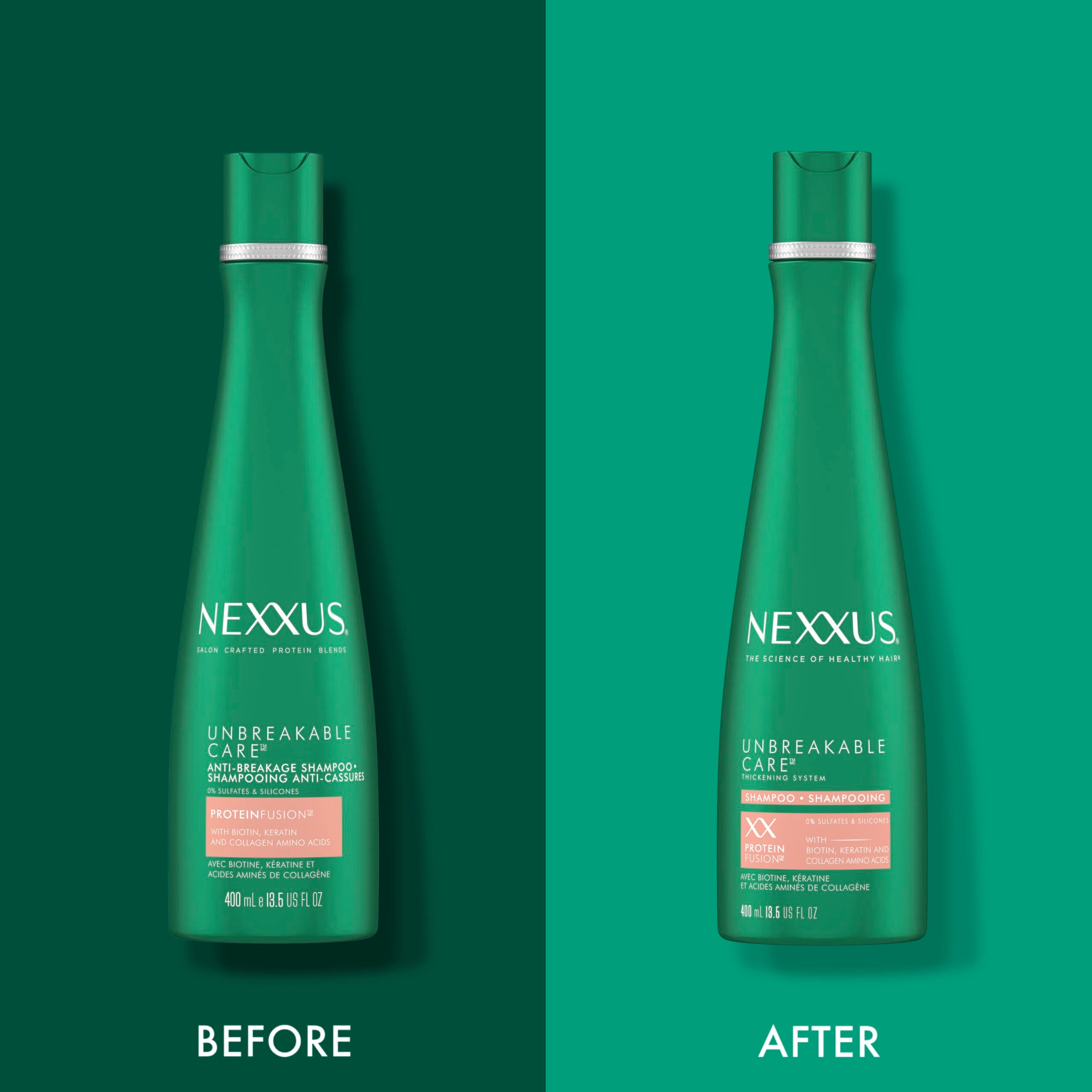 Cabello fino con volumen visible tras usar Nexxus Unbreakable Care Shampoo.