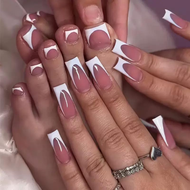 NHIXK uñas medias cuadradas para manos, diseño francés elegante.