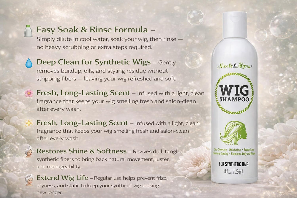 Nicole & Alyssa shampoo para pelucas sintéticas, limpieza profunda que elimina residuos.