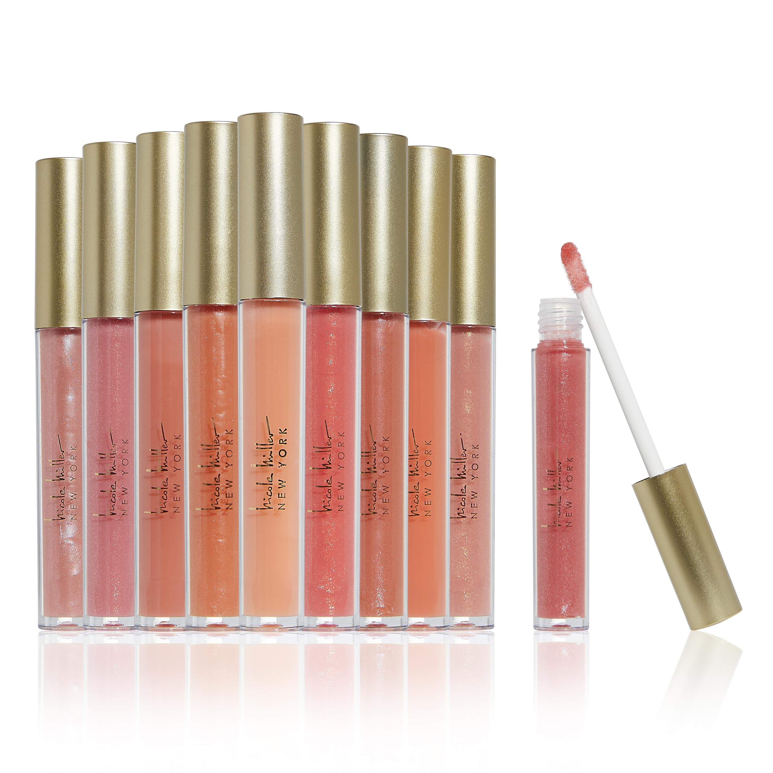 Nicole Miller lip gloss collection swatch bottle showing vibrant shimmer and shade variety.