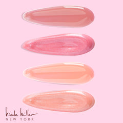 Nicole Miller lip gloss palette display featuring assorted shades for day to night looks.