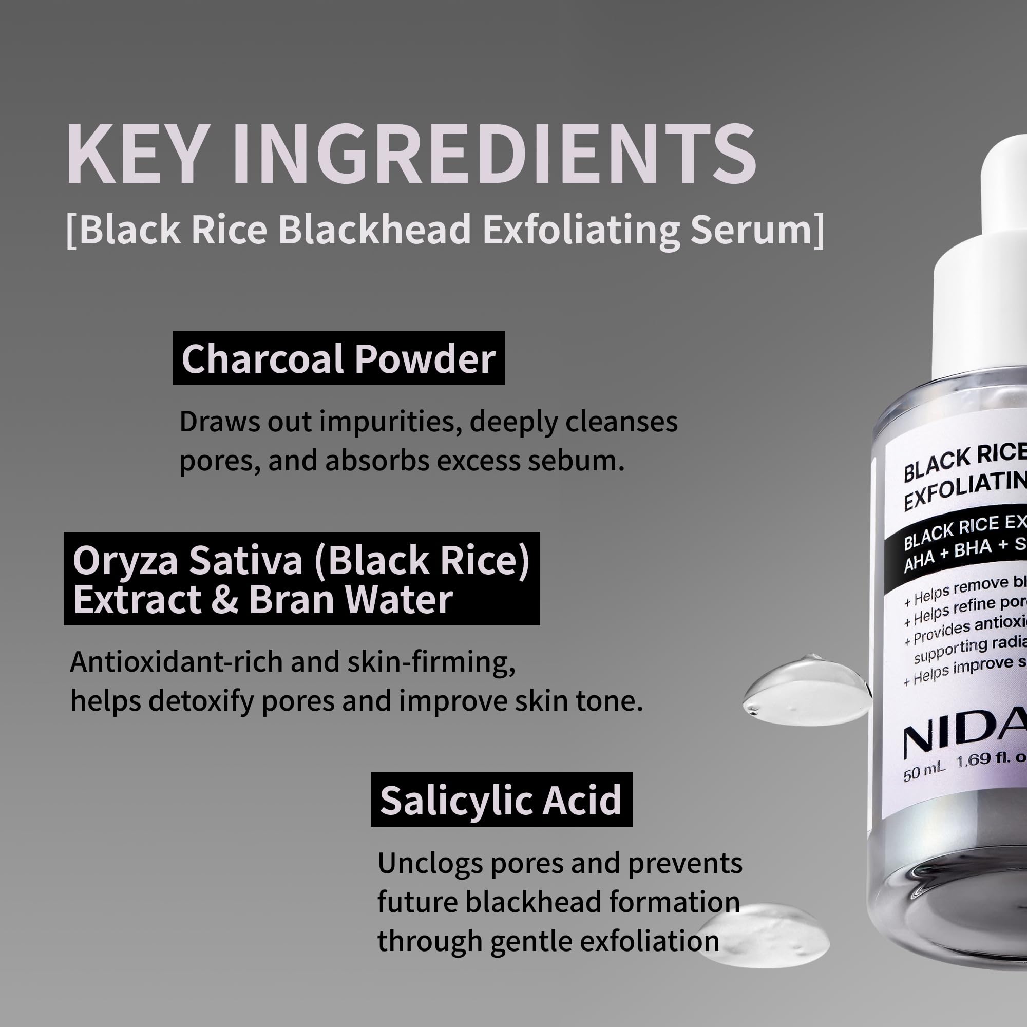 NIDA Arroz Negro Exfoliante Suero, aplicación en piel; efecto suave y limpio.
