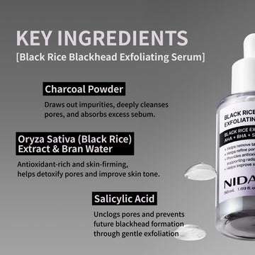 NIDA Arroz Negro Exfoliante Suero, aplicación en piel; efecto suave y limpio.