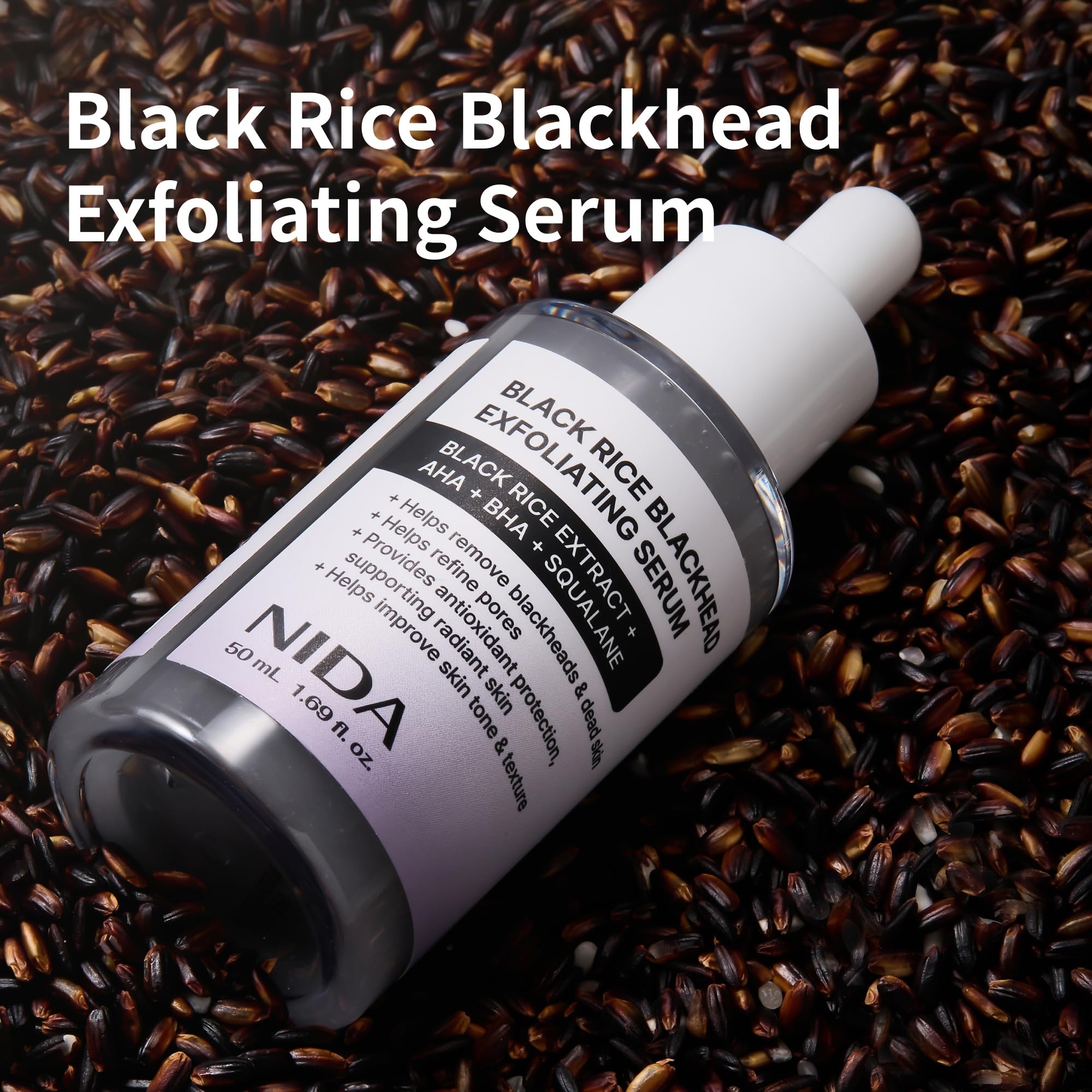 NIDA Arroz Negro Exfoliante Suero, dispensador gotero; aplicación precisa para exfoliar.